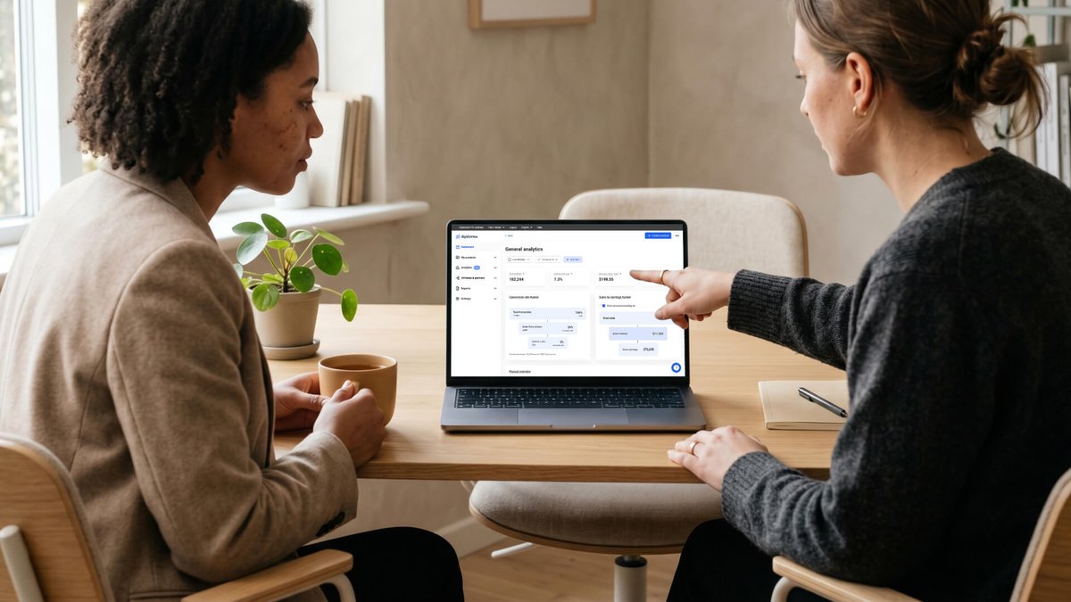 Two women review data on a laptop, one pointing at the screen.