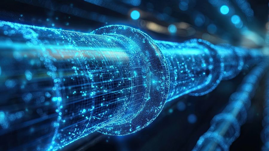 Abstract glowing blue digital tubes with light streaming through, representing data flow.