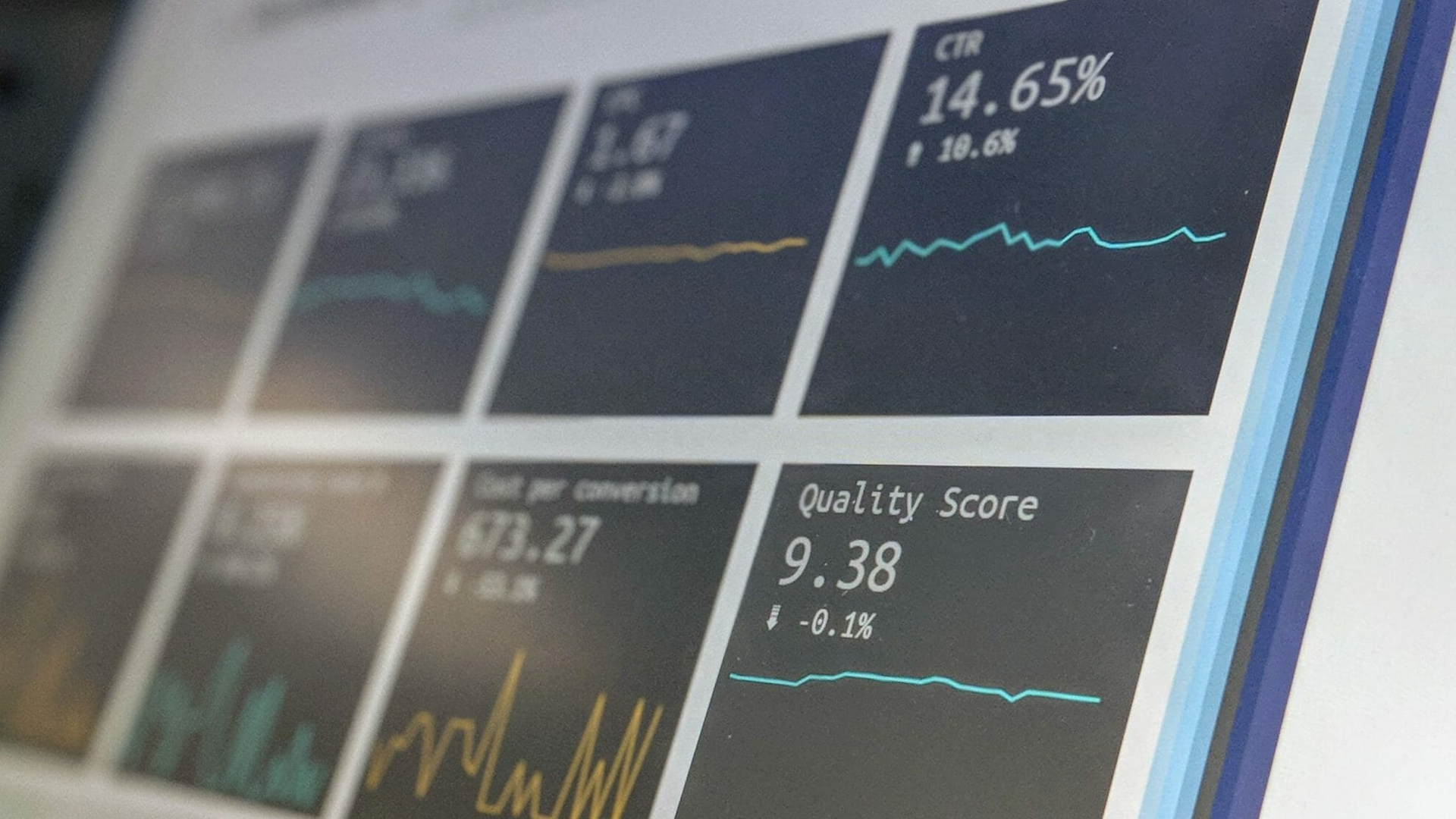 A close-up of a digital dashboard displaying various data analytics and metrics with graphs.