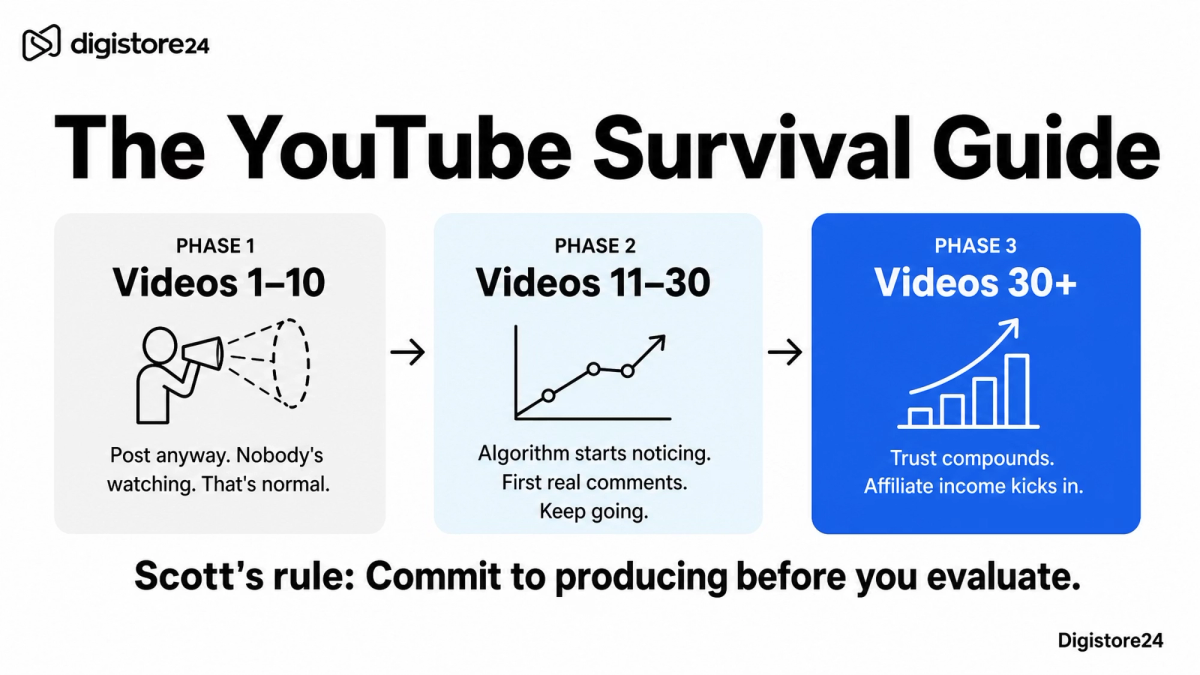 A 'YouTube Survival Guide' infographic outlining three phases: Phase 1 (Videos 1-10) for initial posting despite no views, Phase 2 (Videos 11-30) for algorithm recognition and comments, and Phase 3 (Videos 30+) for compounding trust and affiliate income. The guiding rule is 'Commit to producing before you evaluate.'