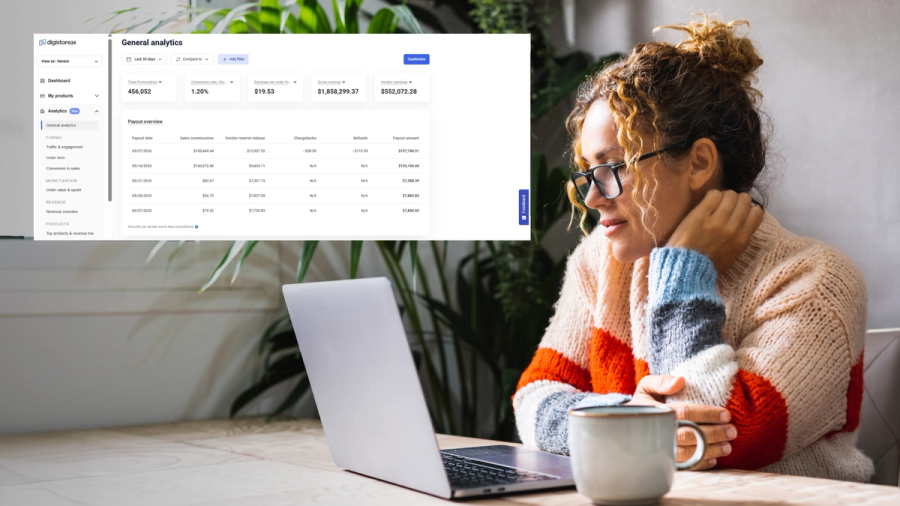 Woman looking at a laptop, overlaid with a digital analytics dashboard.