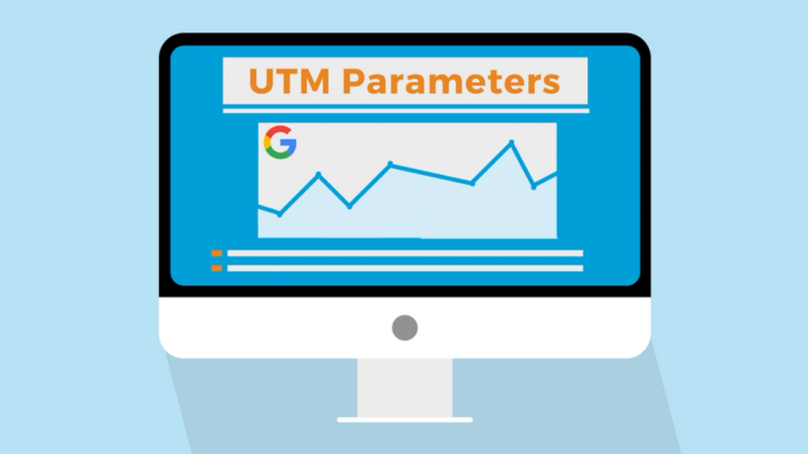 Illustration of a computer monitor displaying "UTM Parameters," the Google logo, and a line graph.