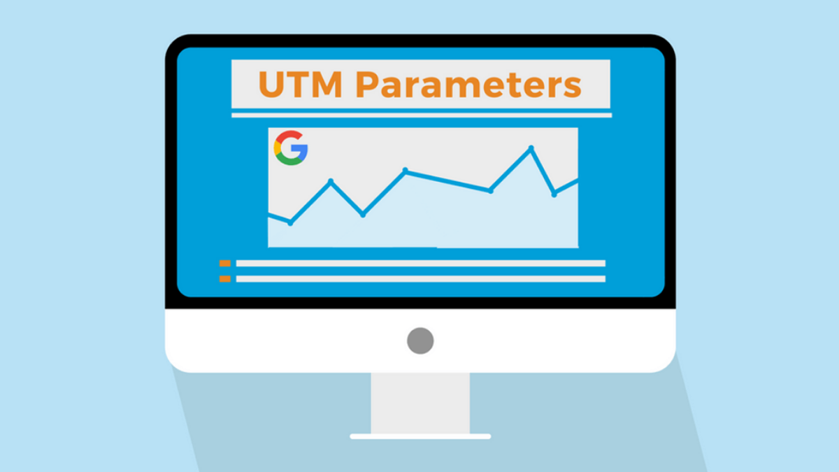 Illustration of a computer monitor displaying "UTM Parameters," the Google logo, and a line graph.