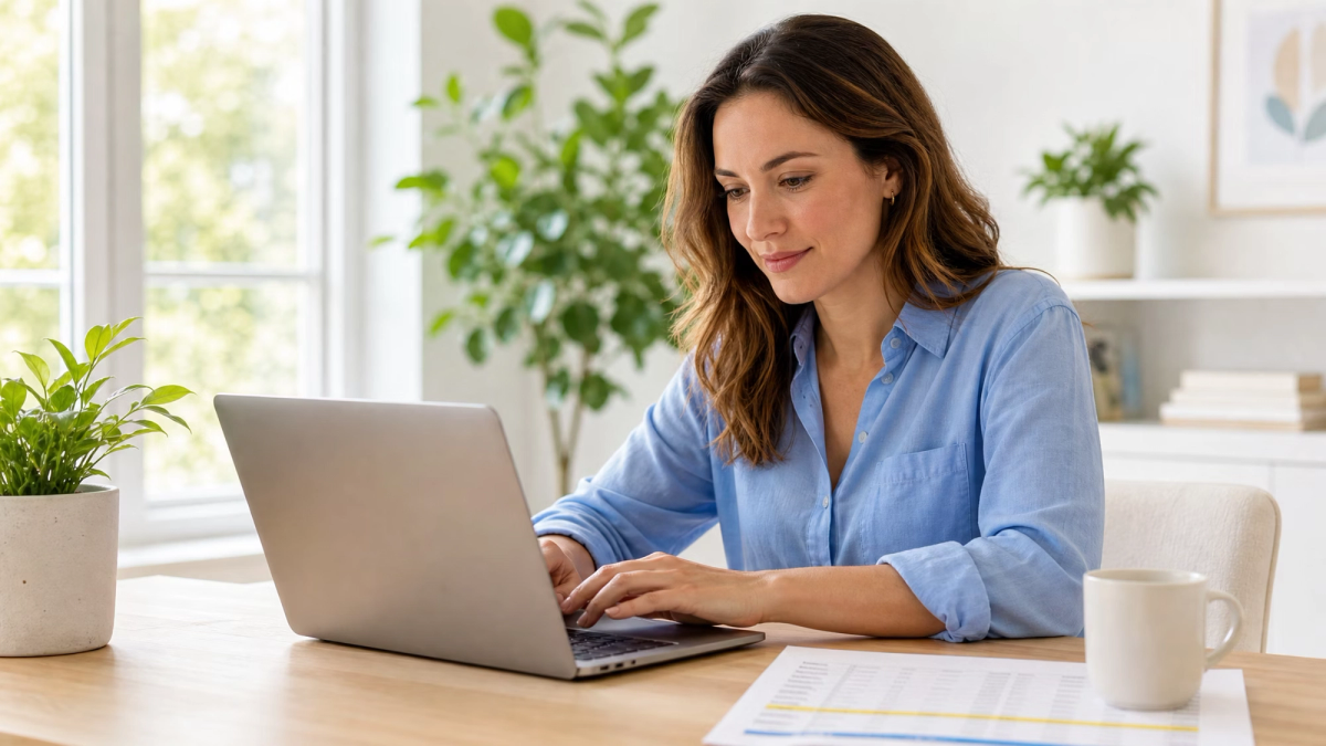 A woman works on a laptop at a desk in a bright room.