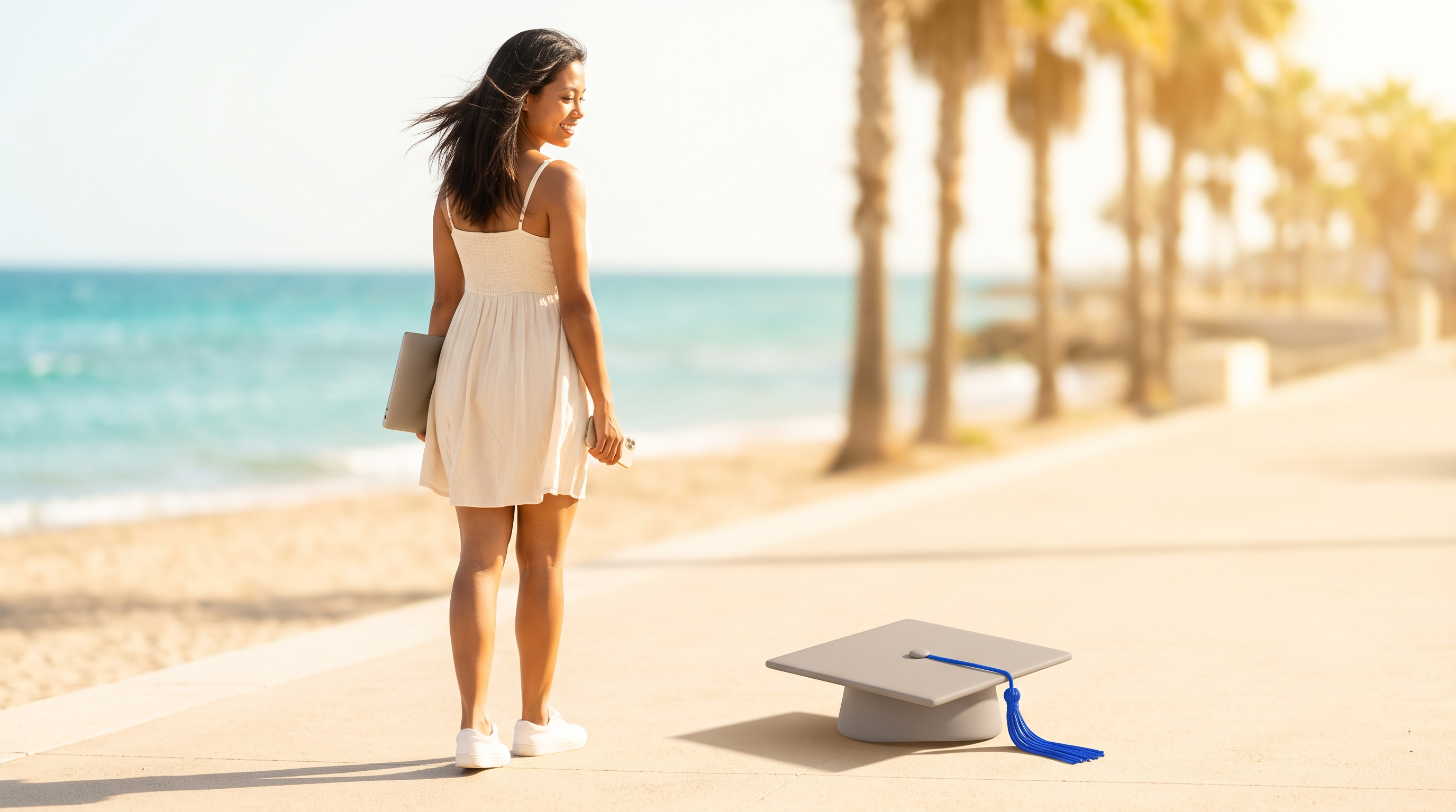 A smiling woman walks away from a gray graduation cap on a sunny beach promenade.