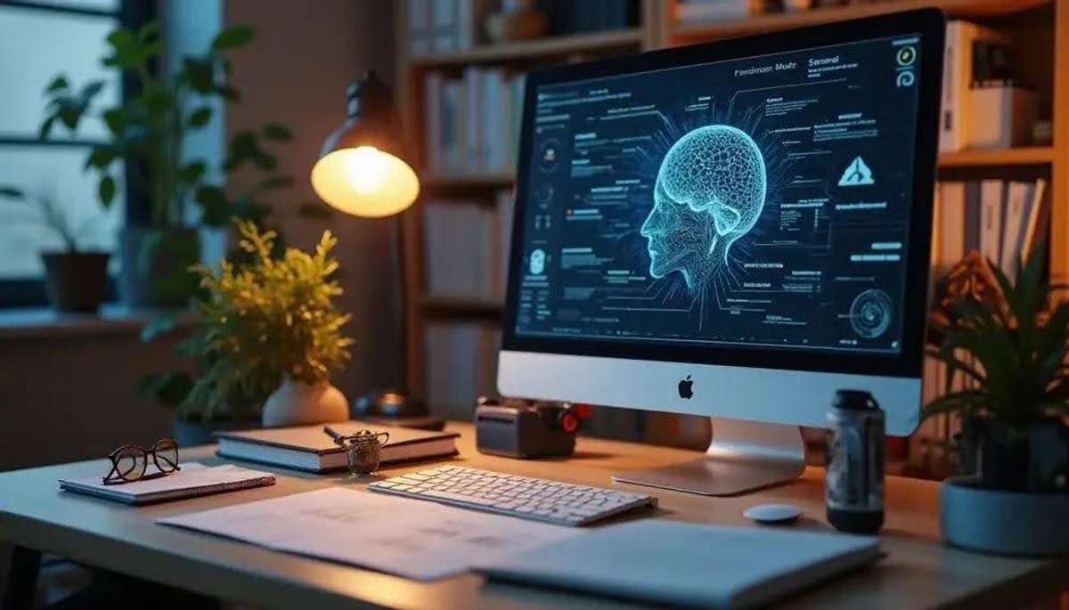 An office desk with an Apple iMac displaying a glowing holographic brain, flanked by plants and a lit desk lamp.