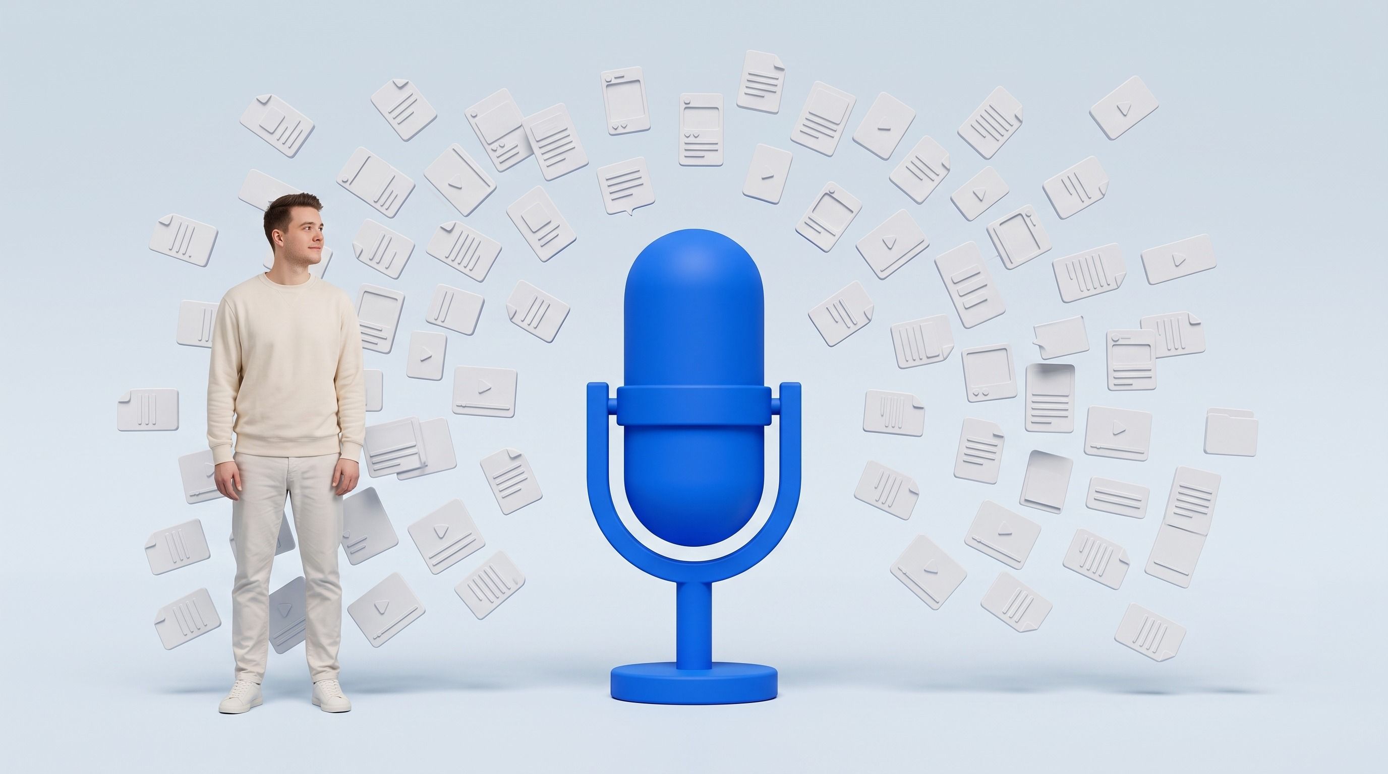 A man and a large blue microphone surrounded by many floating document icons.