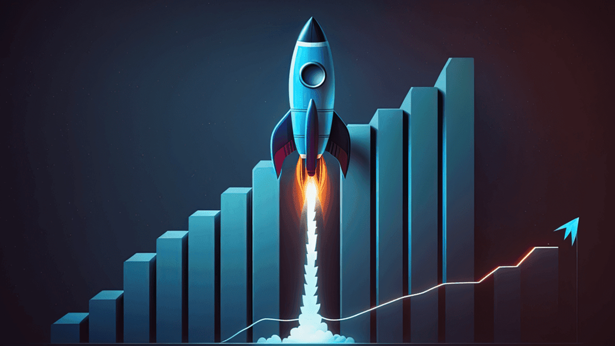 Rocket launching beside a rising bar graph and upward trend line.