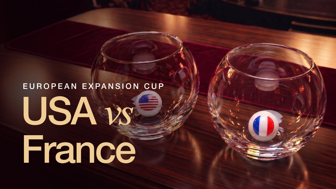 Graphic for European Expansion Cup: USA vs France, with US and French flag balls in glass bowls.
