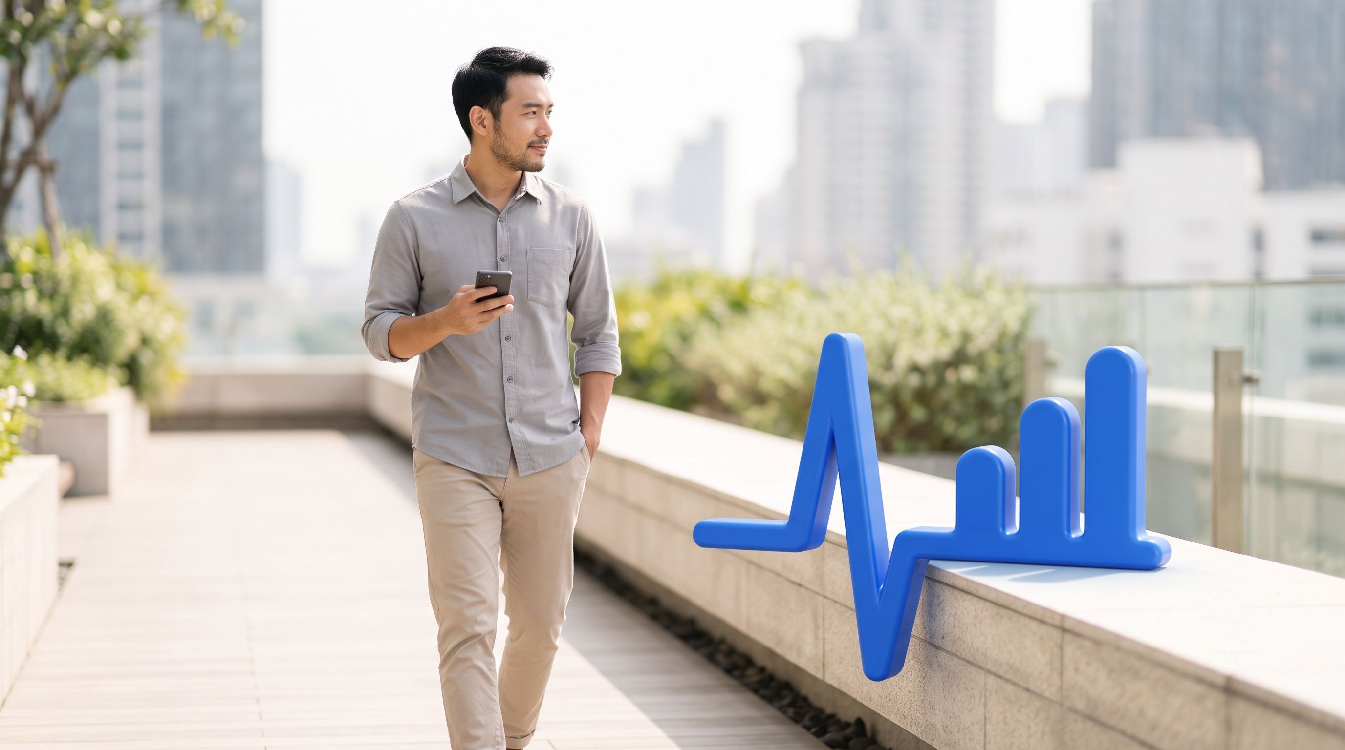A man walks with a smartphone outdoors next to a 3D blue graphic of a heart rate line transitioning into a bar chart.