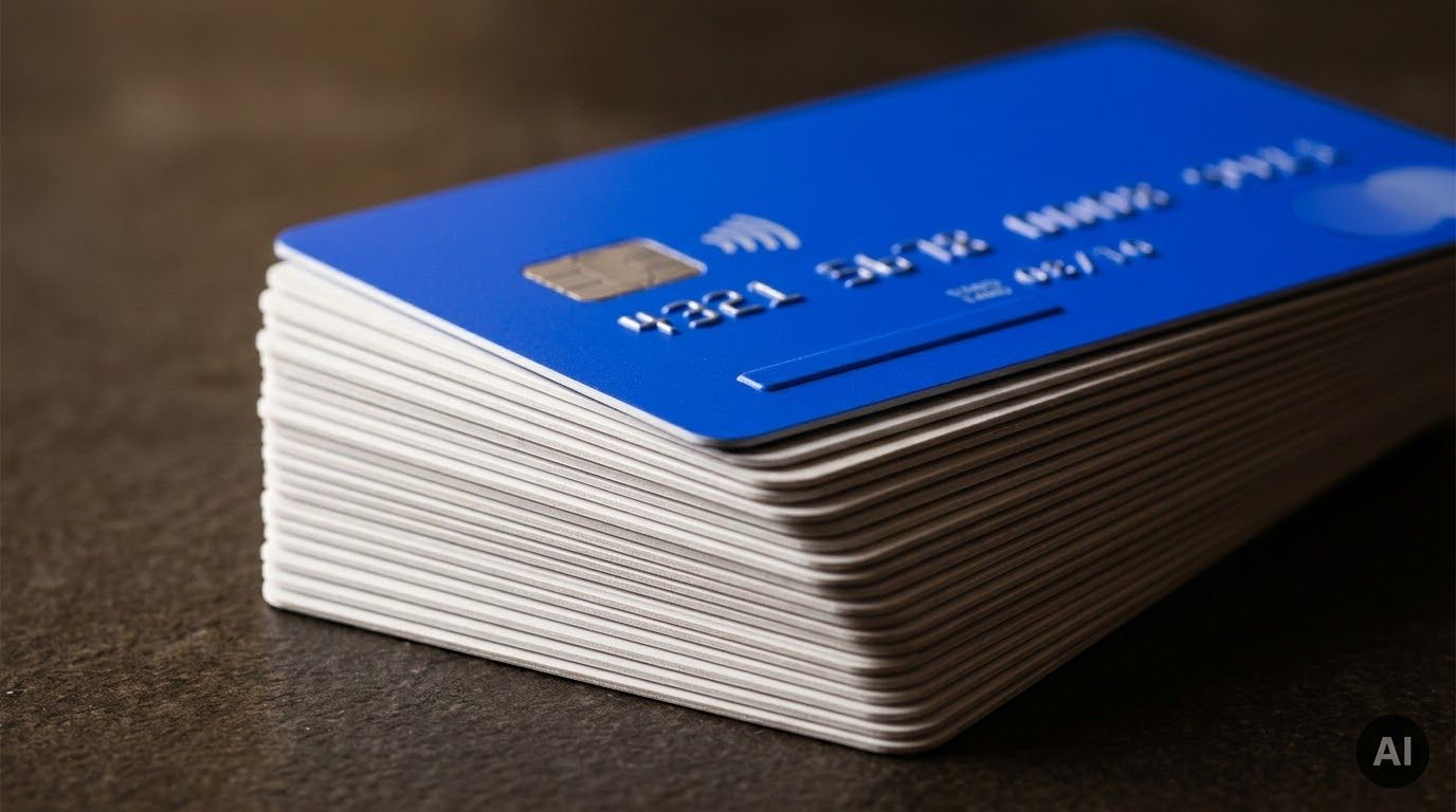 Stack of blue credit cards.