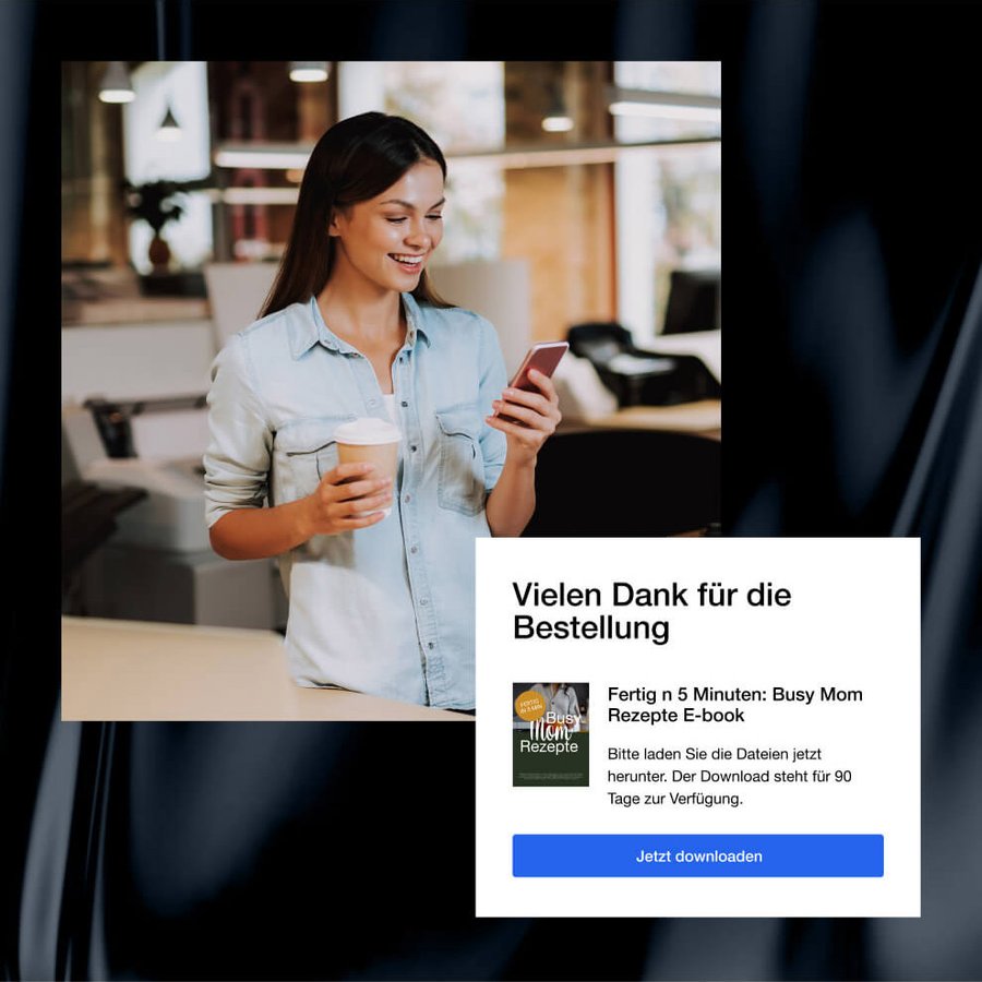 Smiling woman holding coffee, looking at her phone displaying a "Thank you for your order" pop-up for a "Busy Mom Recipes E-book" download.