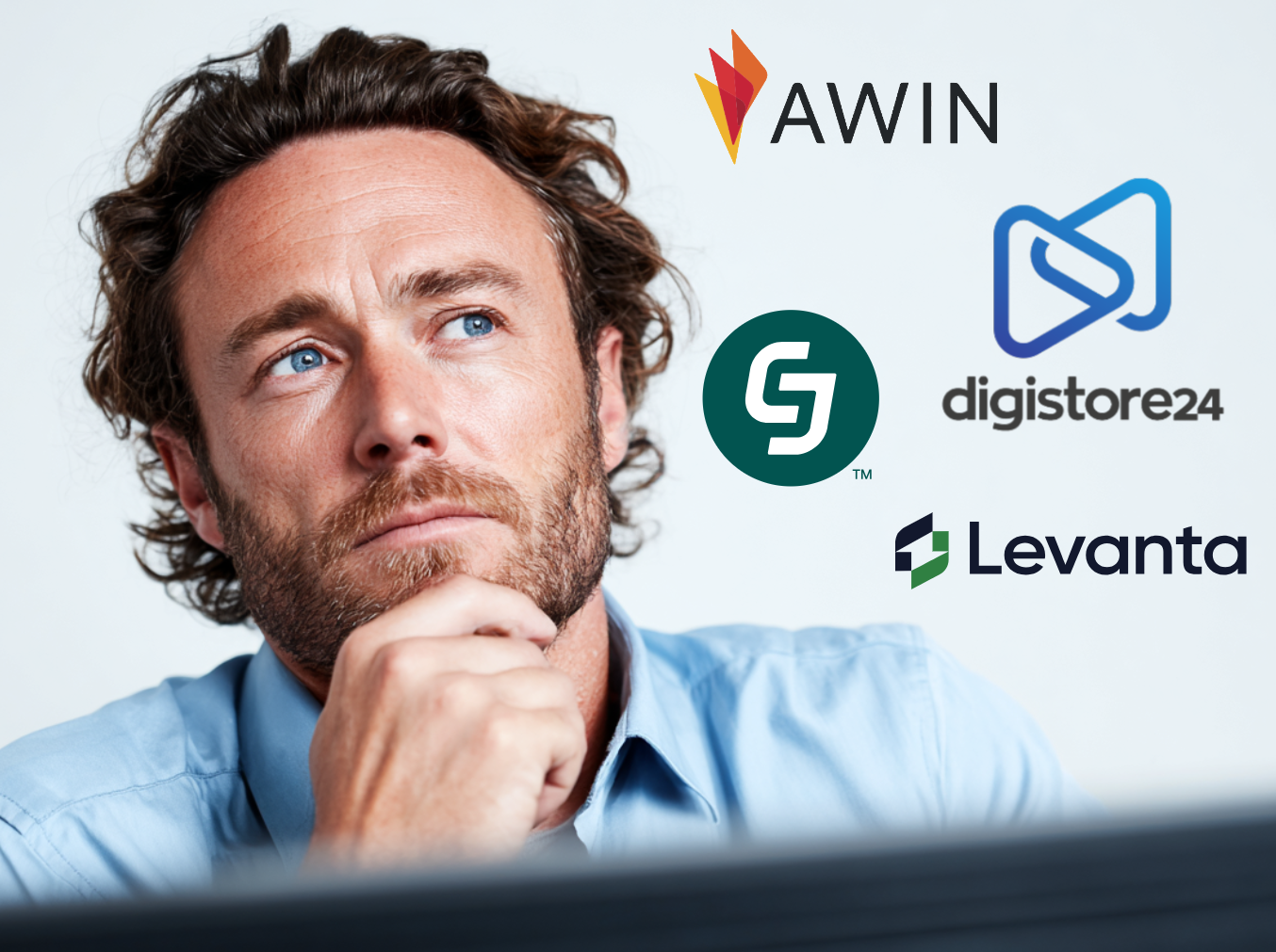 Man contemplating logos for AWIN, Digistore24, CJ, and Levanta.