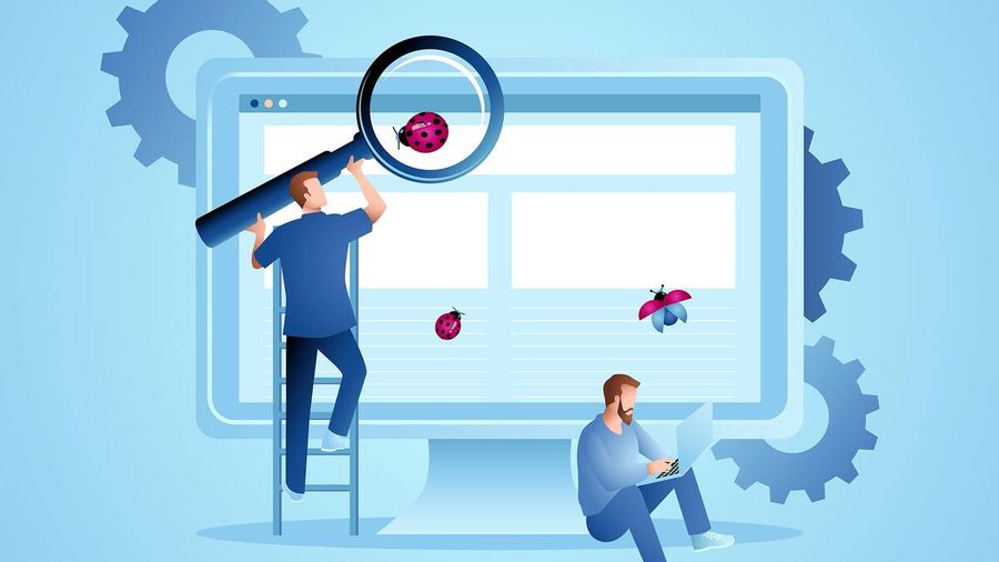 Illustration of two people debugging software, with one magnifying a ladybug on a monitor and the other working on a laptop.