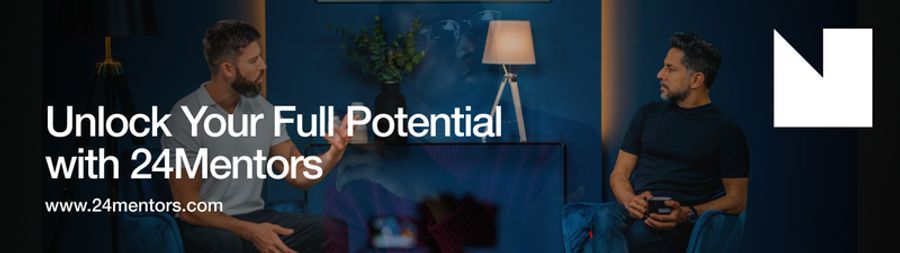 Two men in conversation, with overlay text "Unlock Your Full Potential with 24Mentors" and "www.24mentors.com".