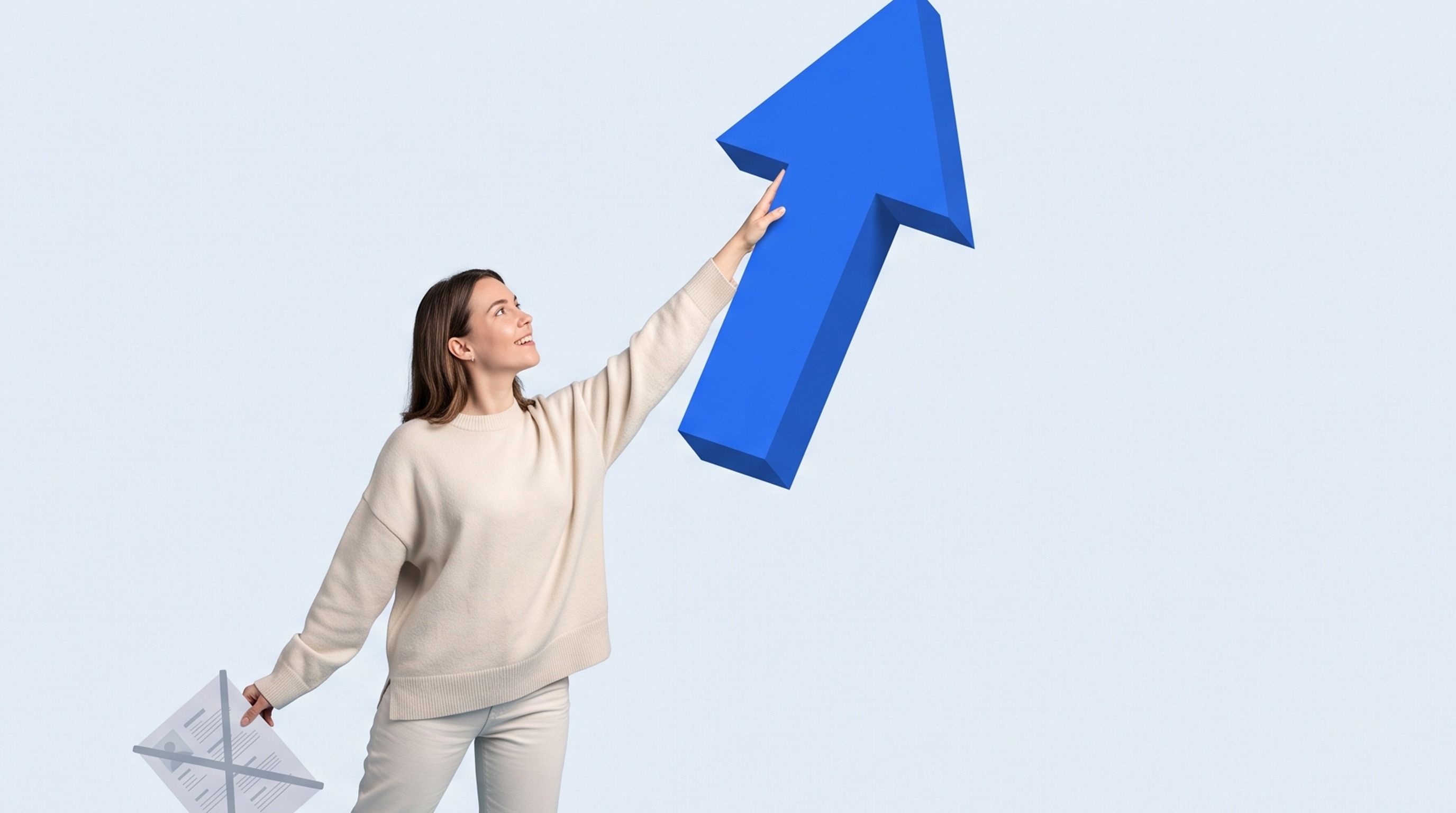 Woman touching a large blue upward-pointing arrow, holding a document.