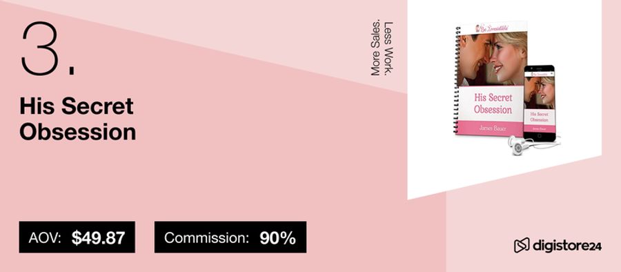 His Secret Obsession book and digital product, with AOV $49.87 and 90% commission.