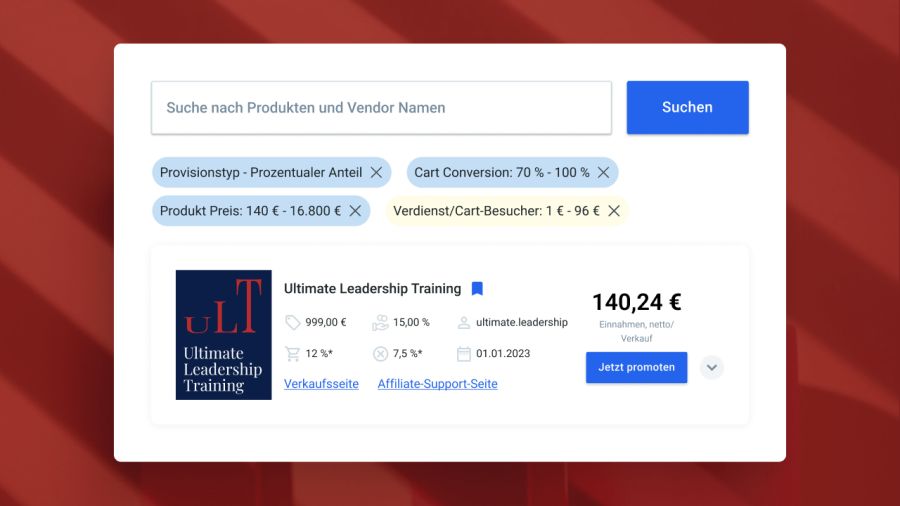 German affiliate product dashboard with search, active filters, and details for "Ultimate Leadership Training," including a "Jetzt promoten" (Promote now) button.