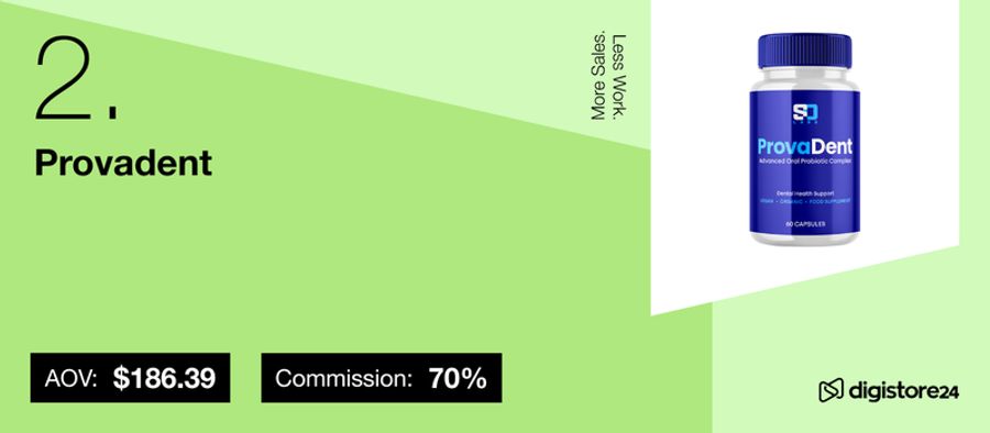Digistore24 product listing for Provadent dental health supplement, showing a blue bottle of capsules, AOV $186.39, and 70% commission.