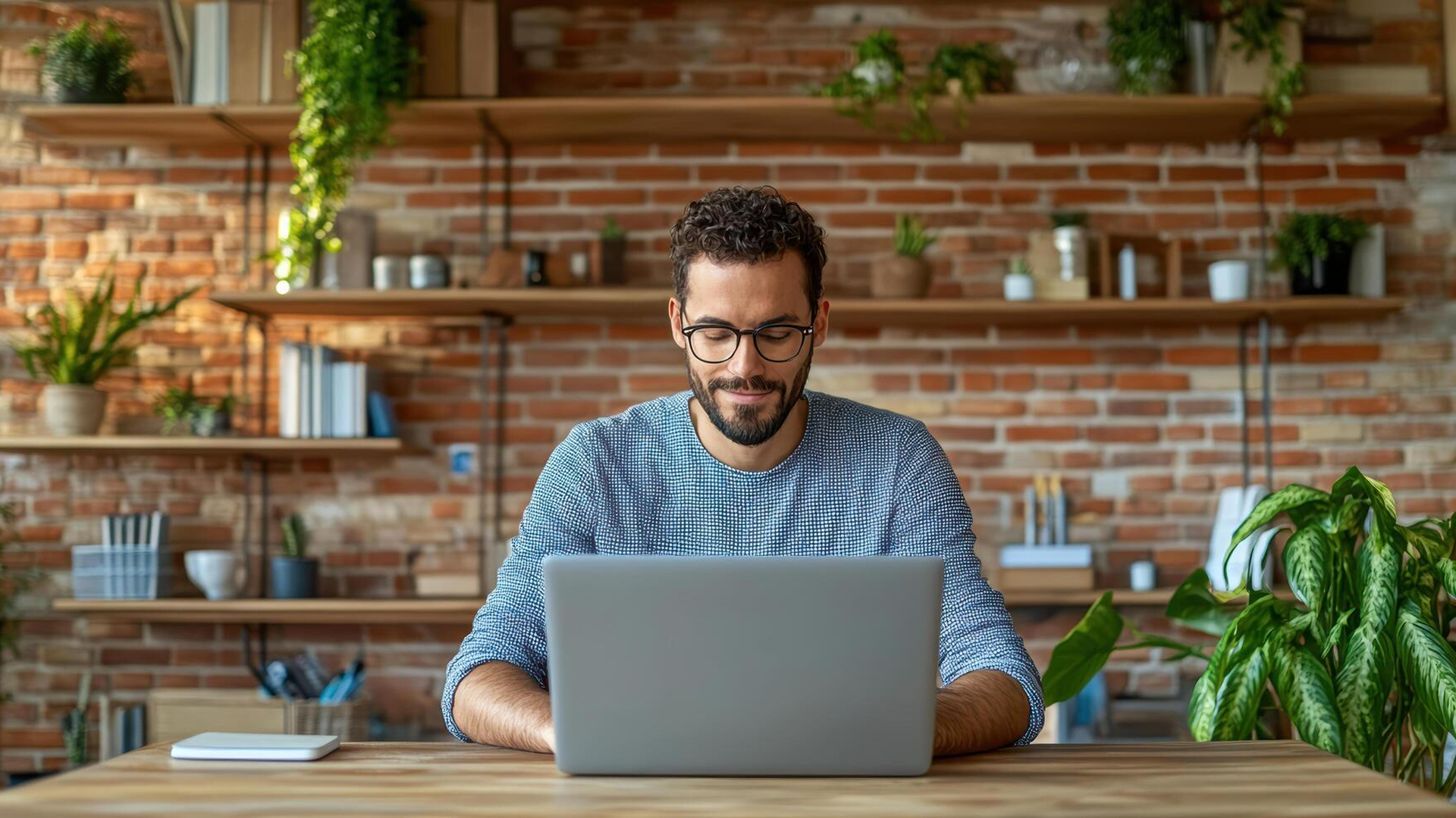 A man with glasses works on a laptop at a desk, with shelves of plants against a brick wall behind him.