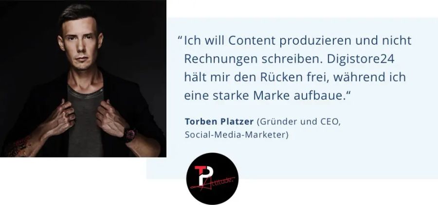 Torben Platzer, CEO and Social Media Marketer, pictured with his testimonial about Digistore24 supporting his content creation and brand building.