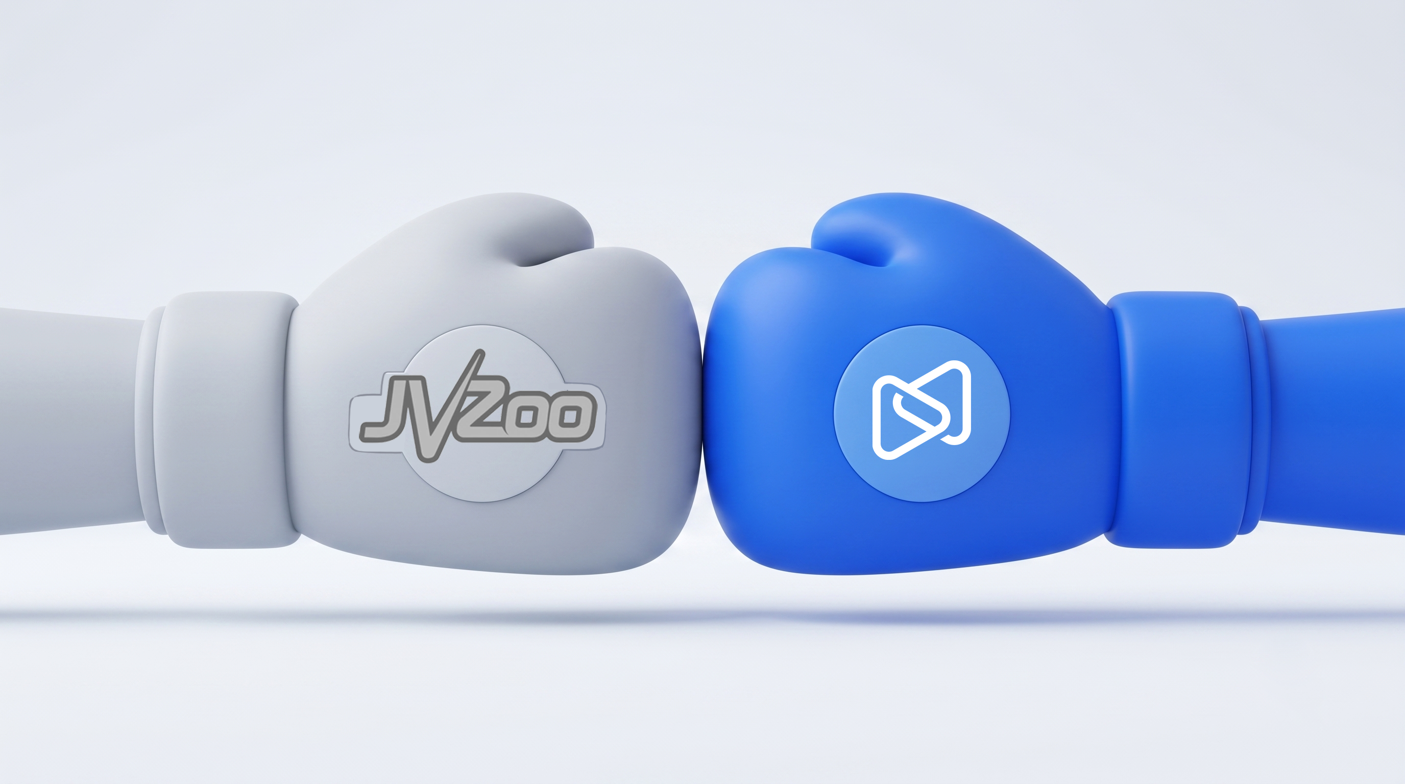 Gray boxing glove with JVZoo logo and blue boxing glove with GrooveFunnels logo touching fists.