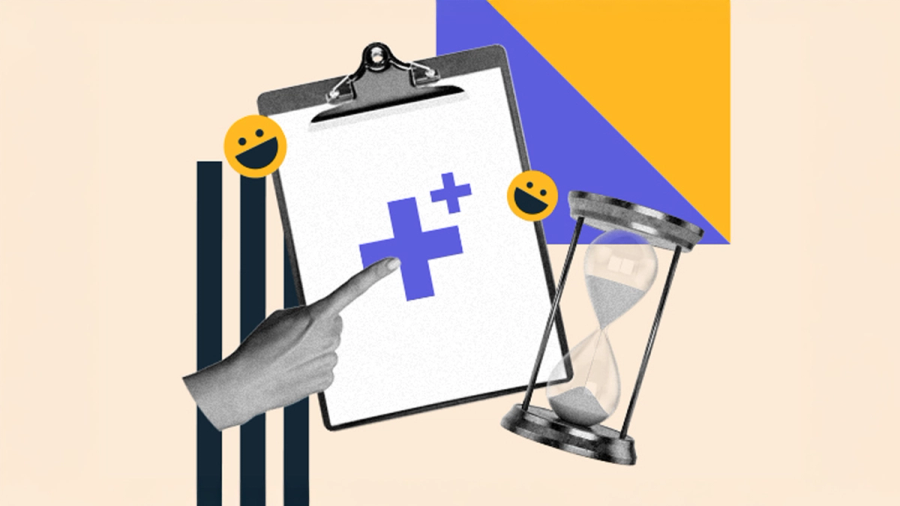 Hand points to a health symbol on a clipboard, with an hourglass and smiling faces.
