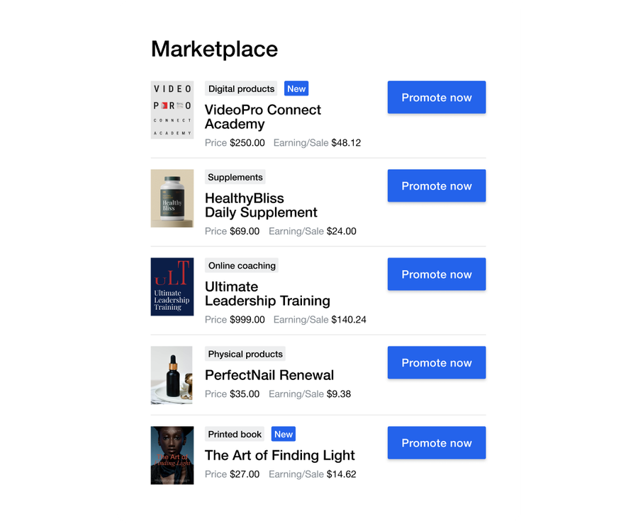 Digistore24 marketplace listing five products with their price, earnings per sale and a Promote now button.