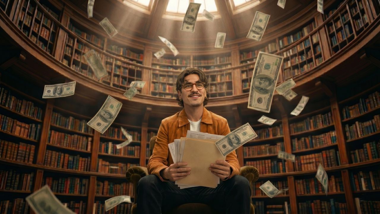 A man holding papers smiles in a grand library as dollar bills fall from above.