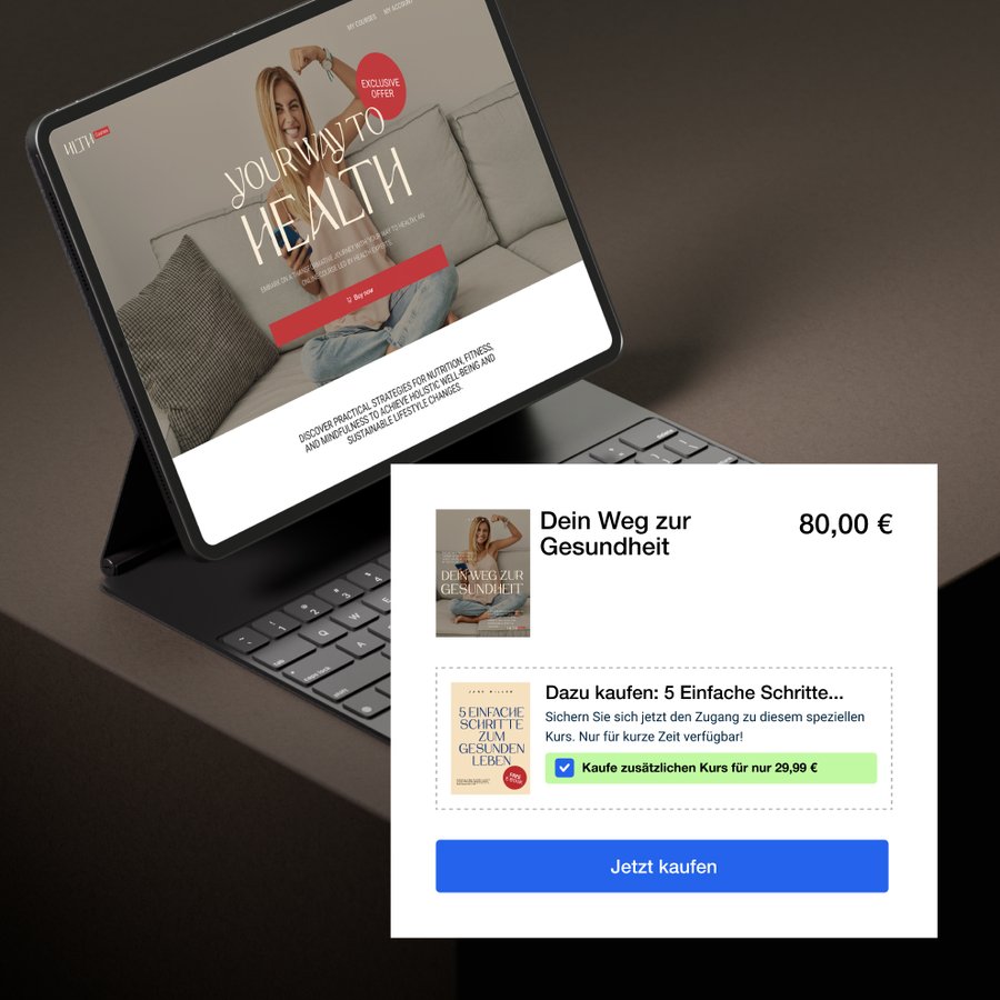 A tablet displays a health website, partially covered by a pop-up window offering "Dein Weg zur Gesundheit" for 80,00 € and an upsell course for 29,99 €.