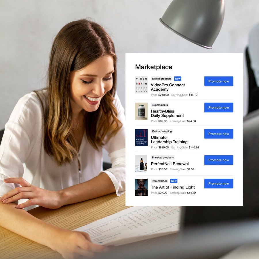 A smiling woman looks at a digital marketplace interface displaying various products like courses, supplements, and books.