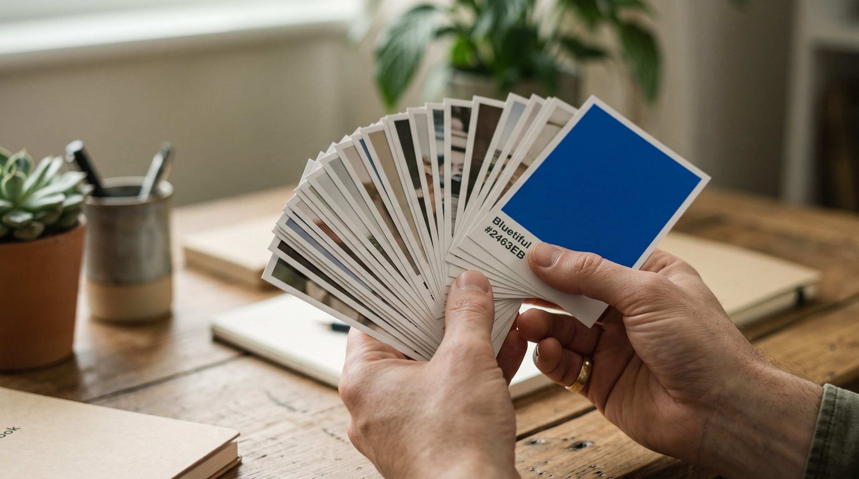 Hands holding a fan of cards, one showing a solid blue color labeled "Bluetiful #2463EB".