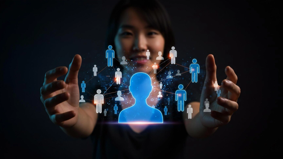 A person's hands frame a glowing holographic social network of connected blue and white human icons.