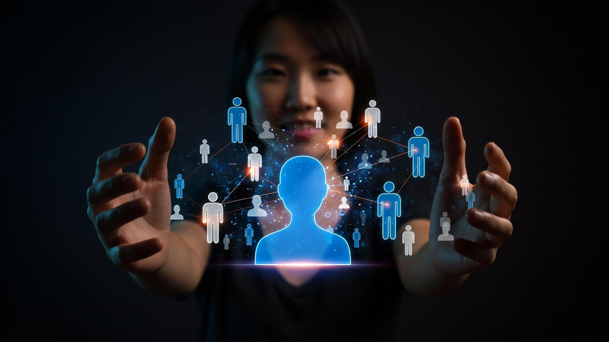 A person's hands frame a glowing holographic social network of connected blue and white human icons.