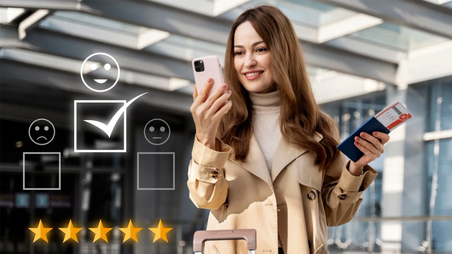 Smiling woman holding a smartphone and passport next to virtual graphics showing a checked happy face and five gold stars, indicating a positive review.