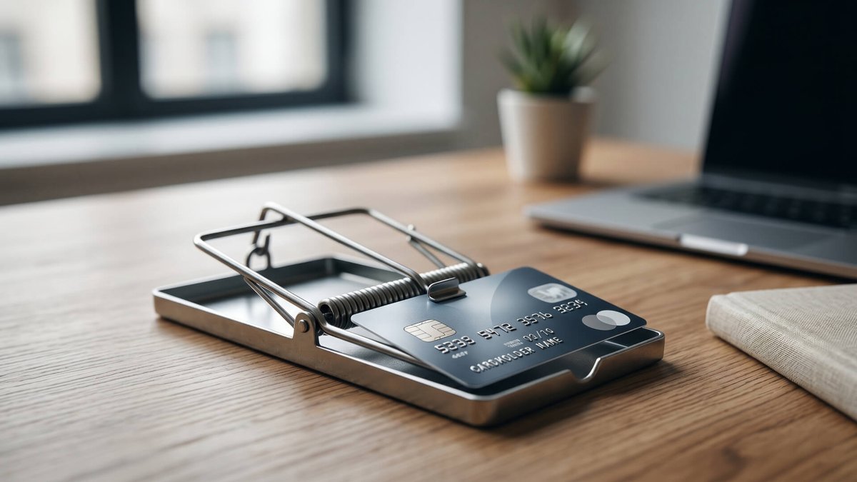 Mousetrap baited with a credit card on a wooden desk.