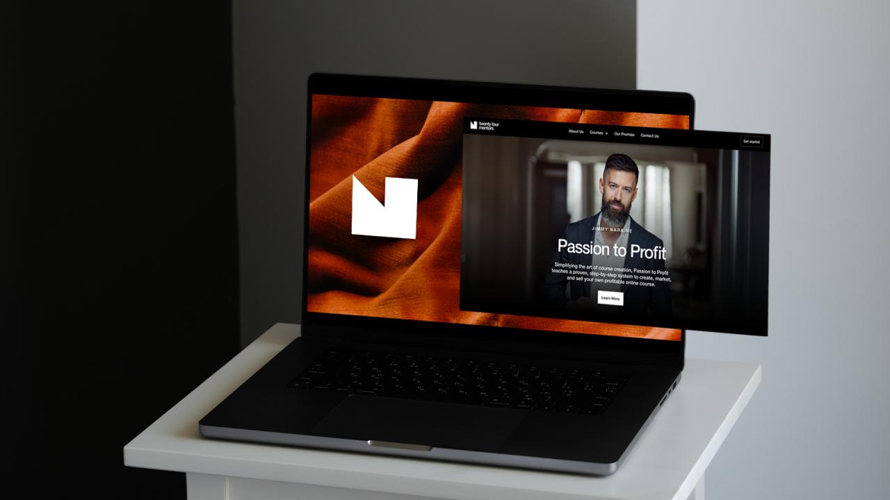 A laptop displays an abstract orange background, with a smaller, floating screen showing a "Passion to Profit" website featuring a bearded man.