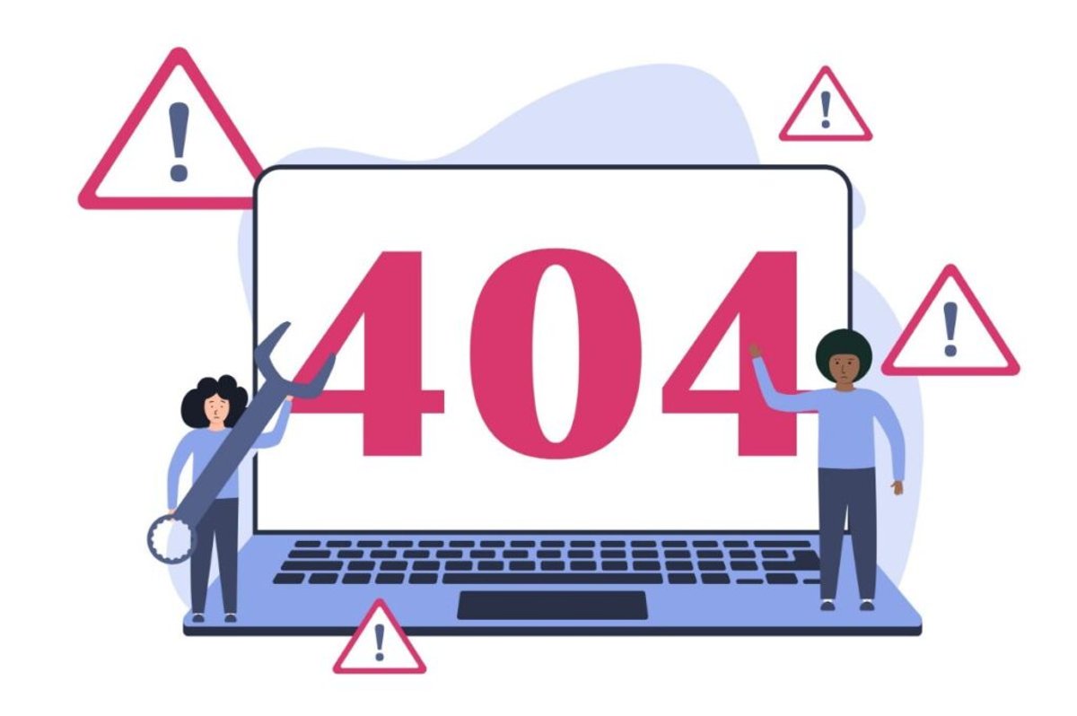 Illustration: A laptop screen displaying a '404' error, flanked by two figures (one holding a wrench) and several warning signs.