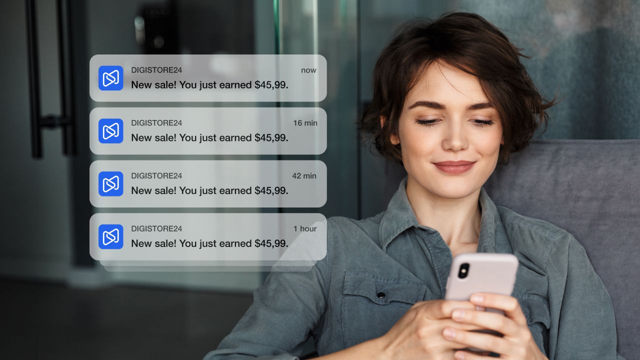 A happy woman looks at her phone as notifications display multiple $45.99 sales from Digistore24.