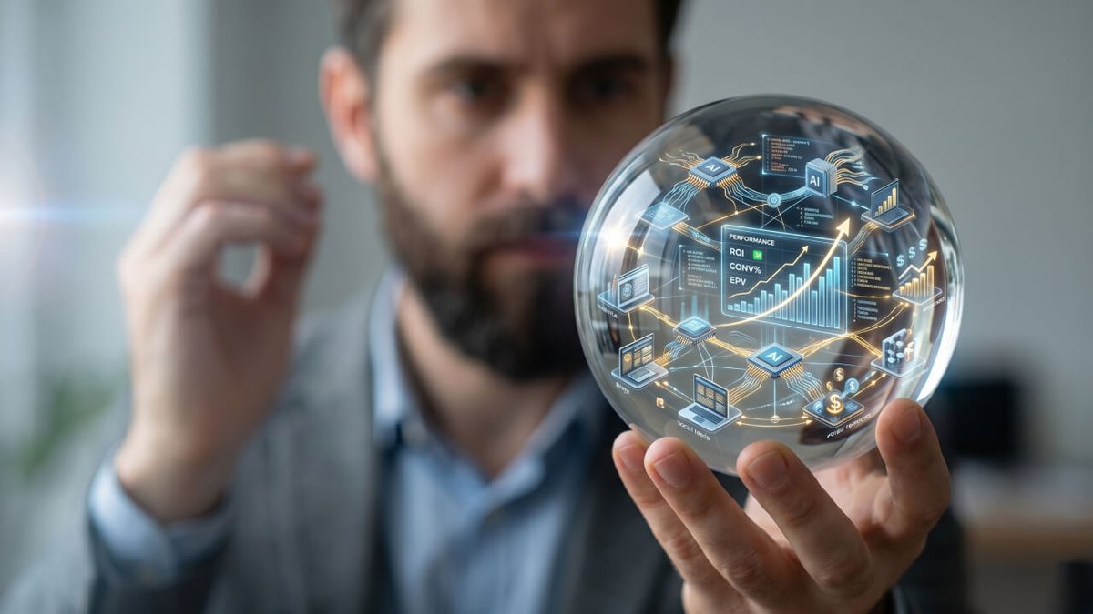 Man holding a crystal ball displaying glowing holographic data analytics and network diagrams.
