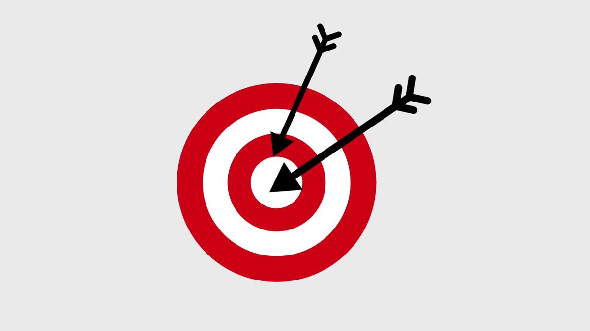 A red and white target with two arrows, one hitting the bullseye and one hitting an outer ring.