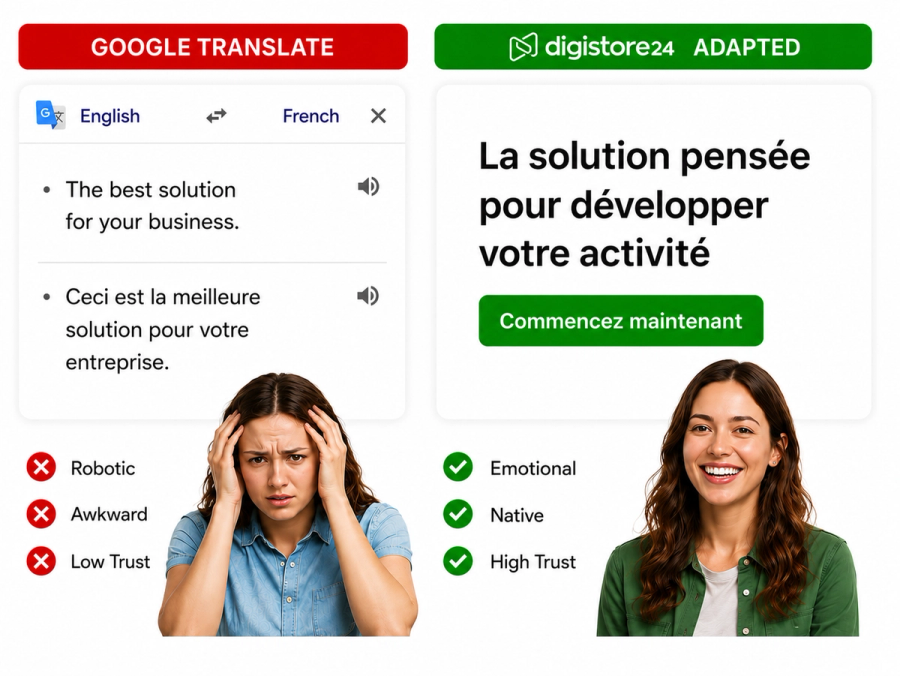 Side-by-side comparison showing robotic Google Translate text with a stressed woman versus emotional Digistore24 Adapted text with a smiling woman.