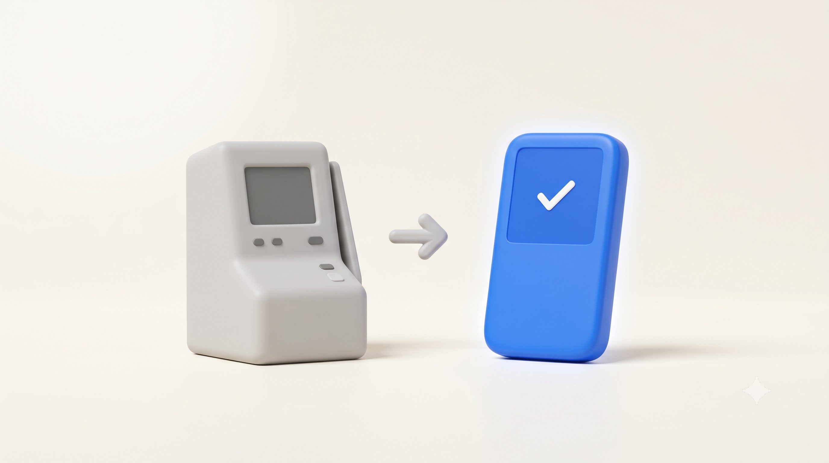 A gray terminal with an arrow pointing to a blue smartphone displaying a checkmark.