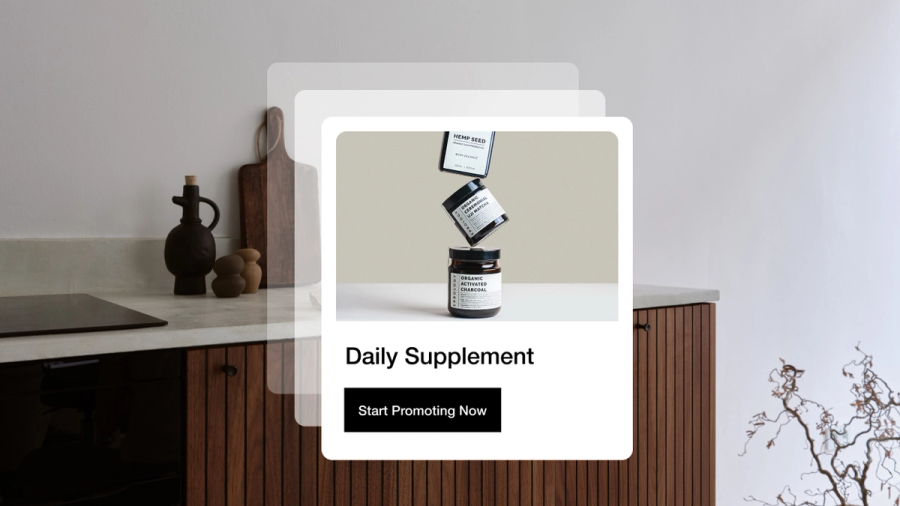 Digital ad mock-up for "Daily Supplement" featuring three minimalist bottles and a "Start Promoting Now" button, in a modern kitchen setting.