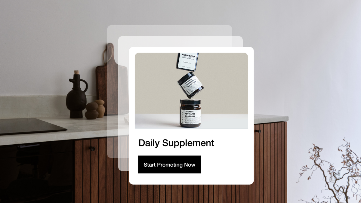 Digital ad mock-up for "Daily Supplement" featuring three minimalist bottles and a "Start Promoting Now" button, in a modern kitchen setting.