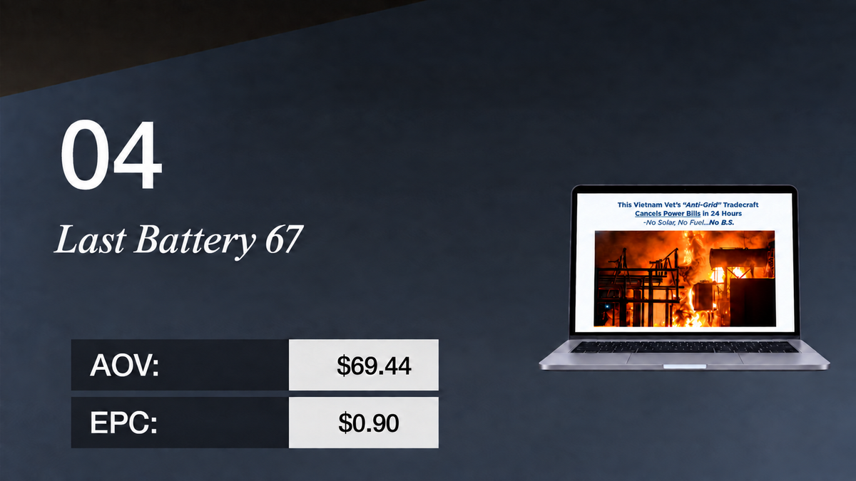 A slide showing "04 Last Battery 67", AOV: $69.44, EPC: $0.90, and a laptop displaying an article about "Anti-Grid" tradecraft with an image of a burning building.