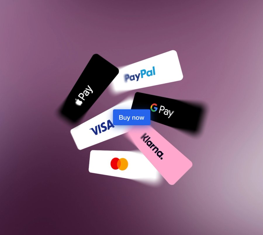 A blue "Buy now" button surrounded by floating logos for Apple Pay, PayPal, Google Pay, Visa, Klarna, and Mastercard.