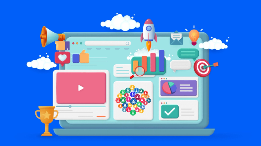 Digital marketing illustration on a laptop with social media, analytics, and success icons.