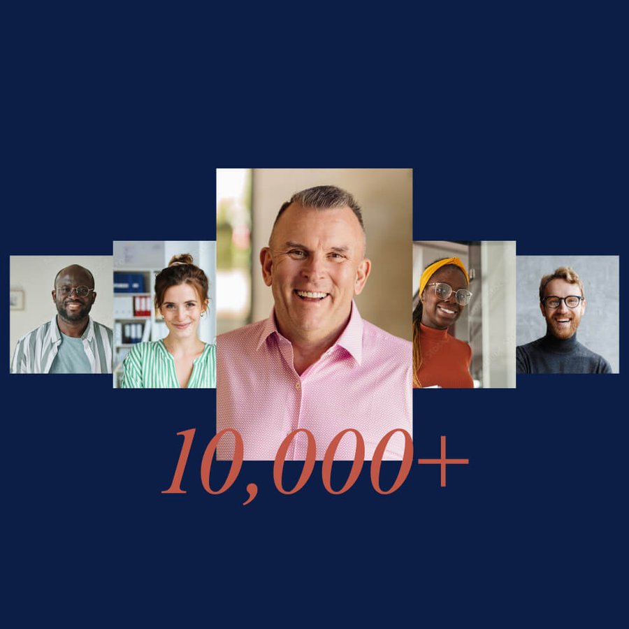 Collage of five diverse, smiling people with "10,000+" written below them.
