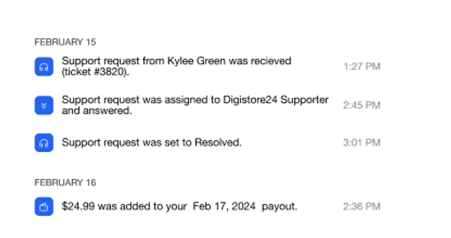 Activity feed of resolved support requests and a scheduled payout.